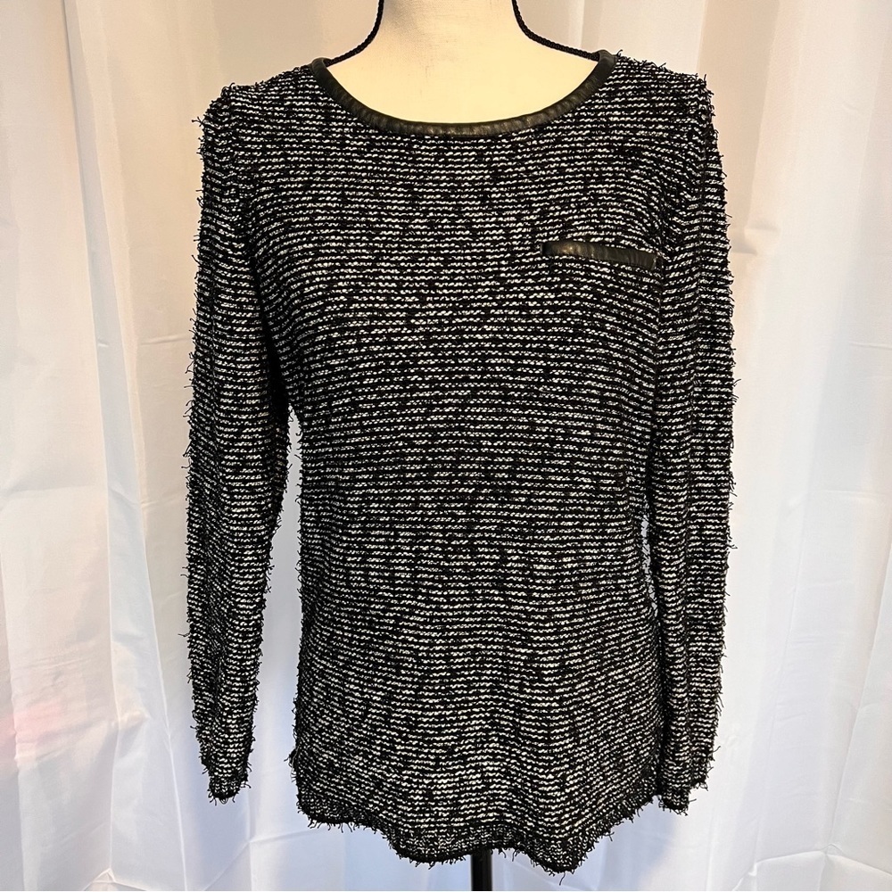 Women's Calvin Klein Eyelash Knit, Faux-Leather Trim Crewneck Sweater, S/M​​​​